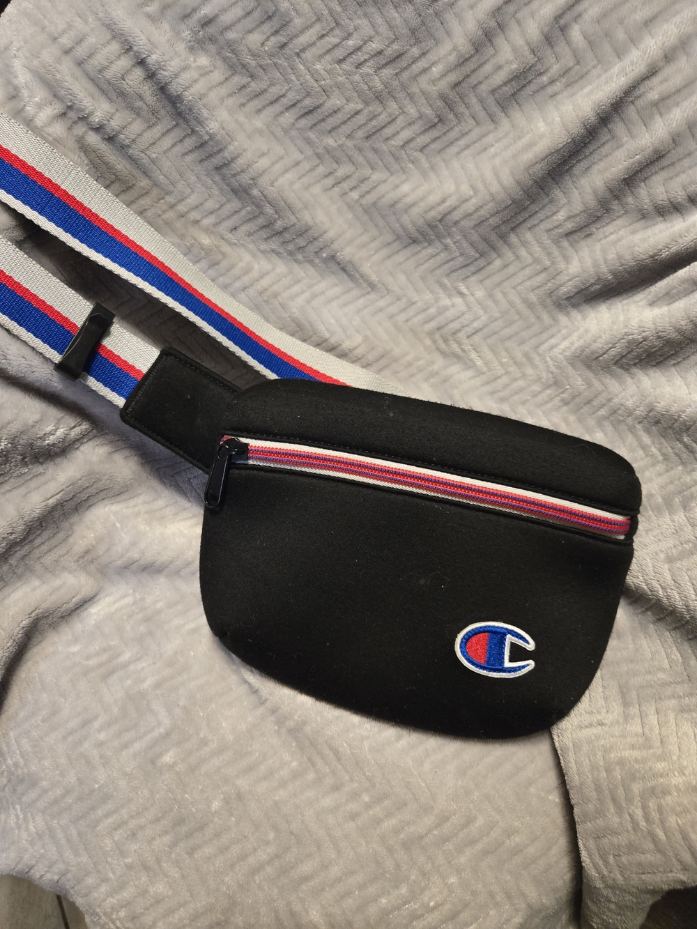 Champion Black Waist Bag with Red, Blue and White Strap